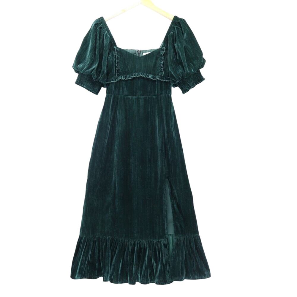 Adelyn Rae Kiana Velvet Midi Dress Sz S Puff Sleeve Smocked Emerald Green